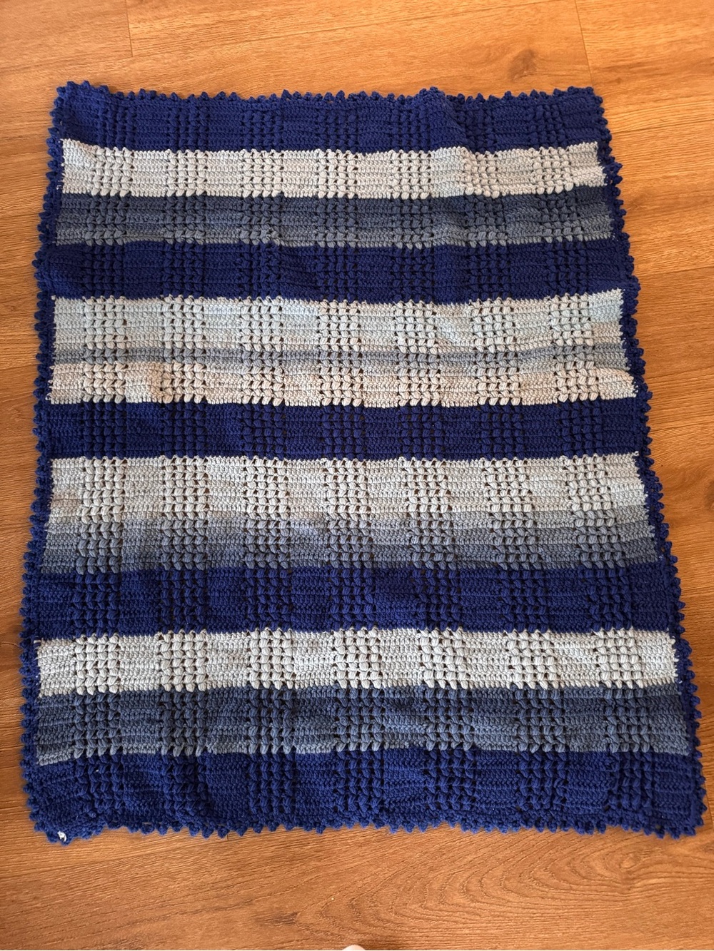 Handmade Navy and Light Gray Striped Crochet Throw Blanket